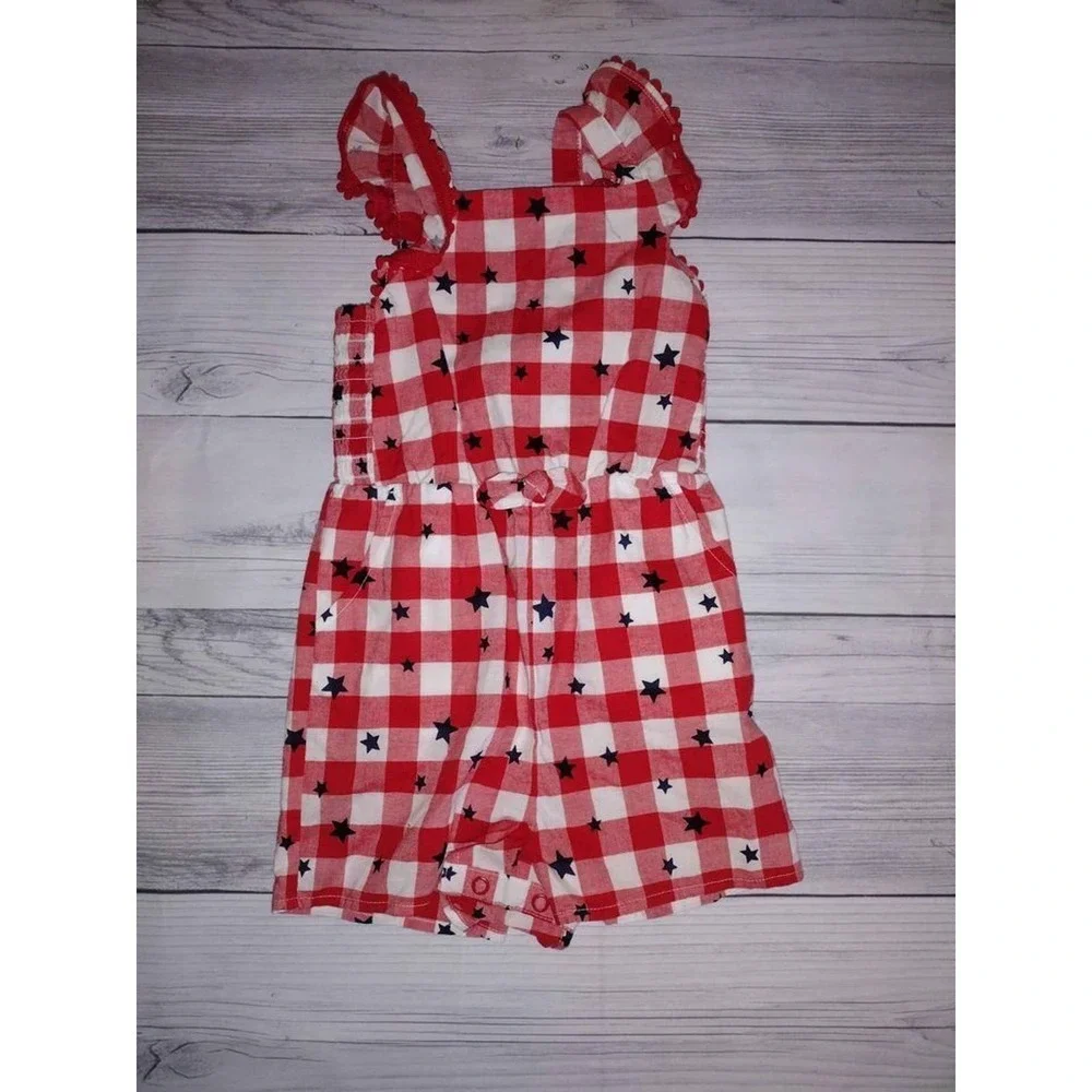 Cat Jack Kids Red White‎ Gingham Star Ruffle Romper Jumper 2T
